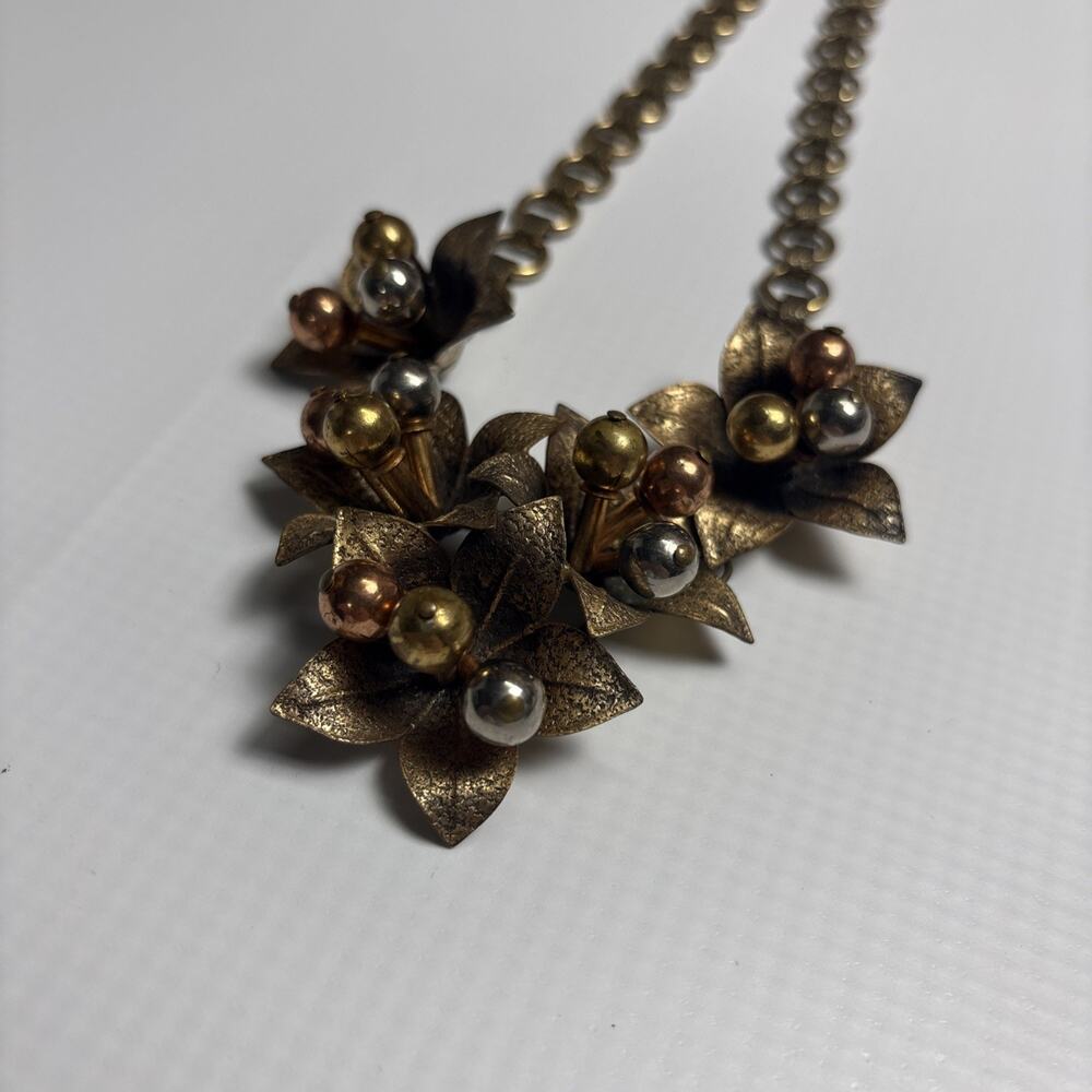 Vintage Unsigned‎ Miriam Haskell Flower Mixed Metal Statement Necklace Handmade